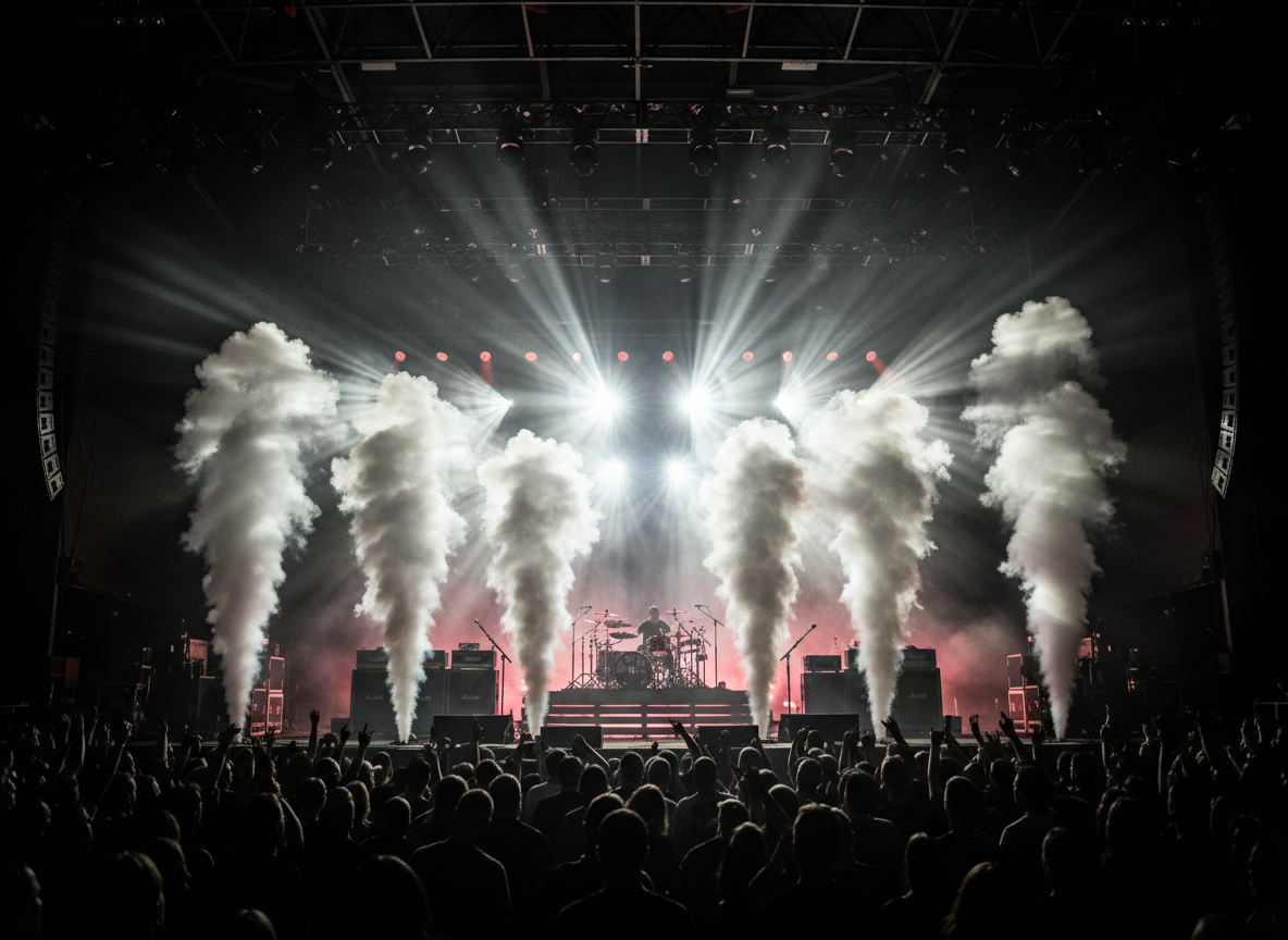 A cinematic rock concert scene with dramatic stage smoke, powerful white and red light beams cutting through haze, subtle crowd silhouettes at the bottom, no visible individual faces, dark moody atmosphere, high contrast, designed as a website hero background, ultra wide, immersive, professional photography style